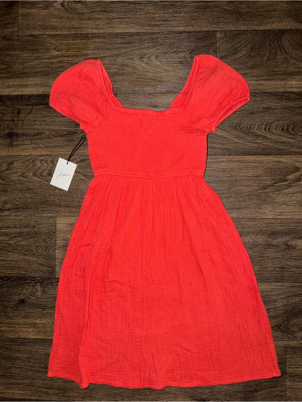 NWT Japna Red Crinkle Cotton Gauze Smocked Puff Sleeve Babydoll Dress Women XS